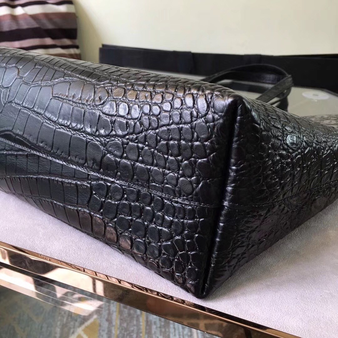 Saint Laurent Black Crocodile Embossed Shopping Tote