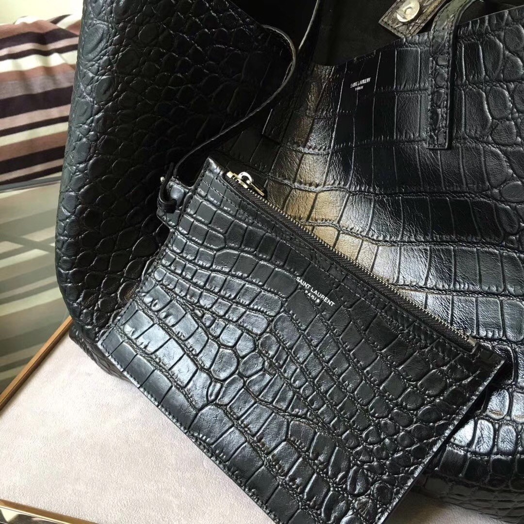 Saint Laurent Black Crocodile Embossed Shopping Tote