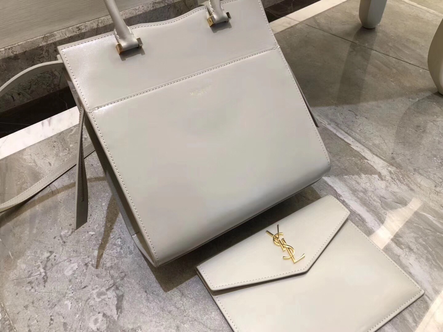 Saint Laurent Uptown Small Tote In Blanc Smooth Leather