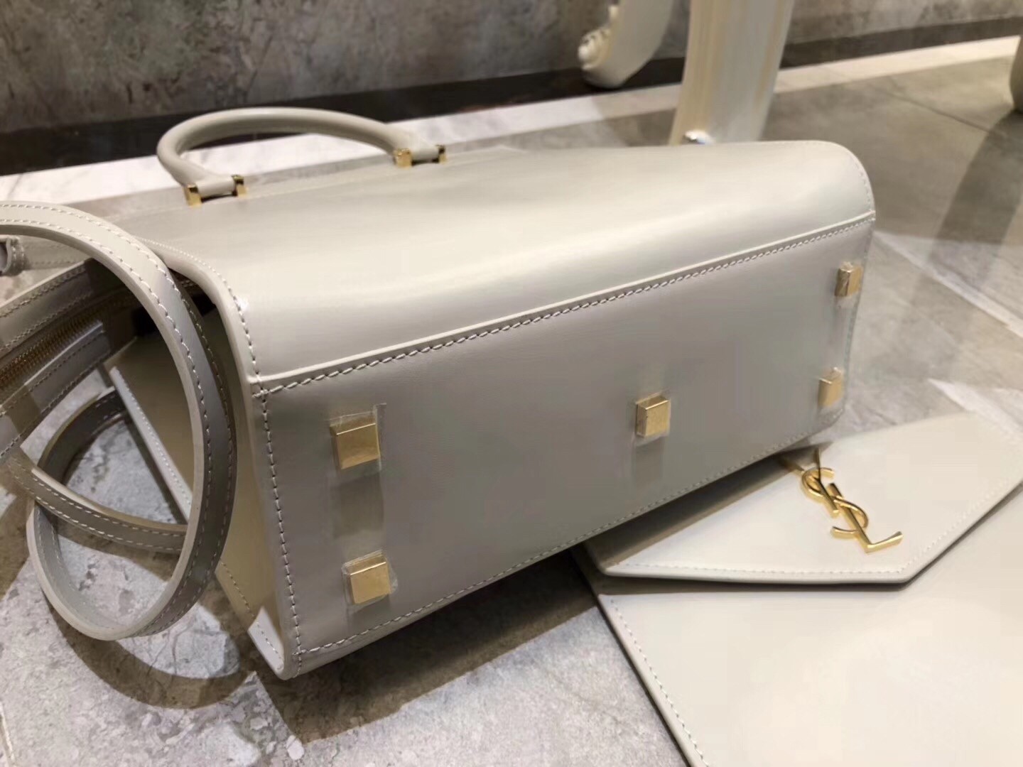 Saint Laurent Uptown Small Tote In Blanc Smooth Leather