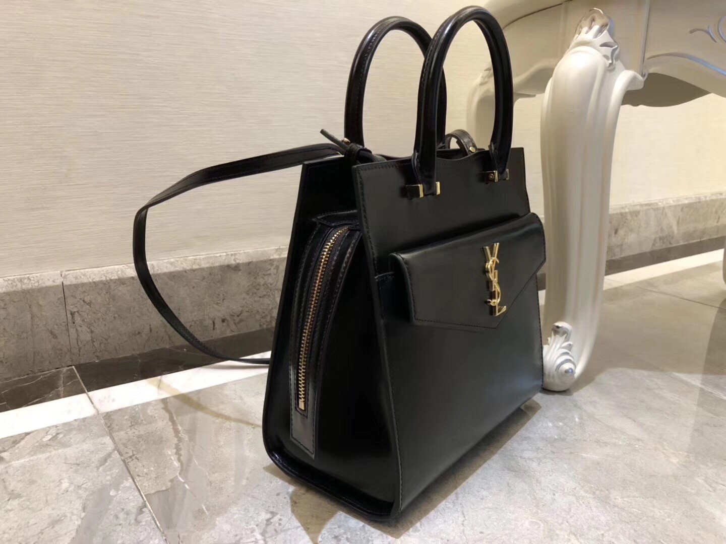 Saint Laurent Uptown Small Tote In Black Smooth Leather