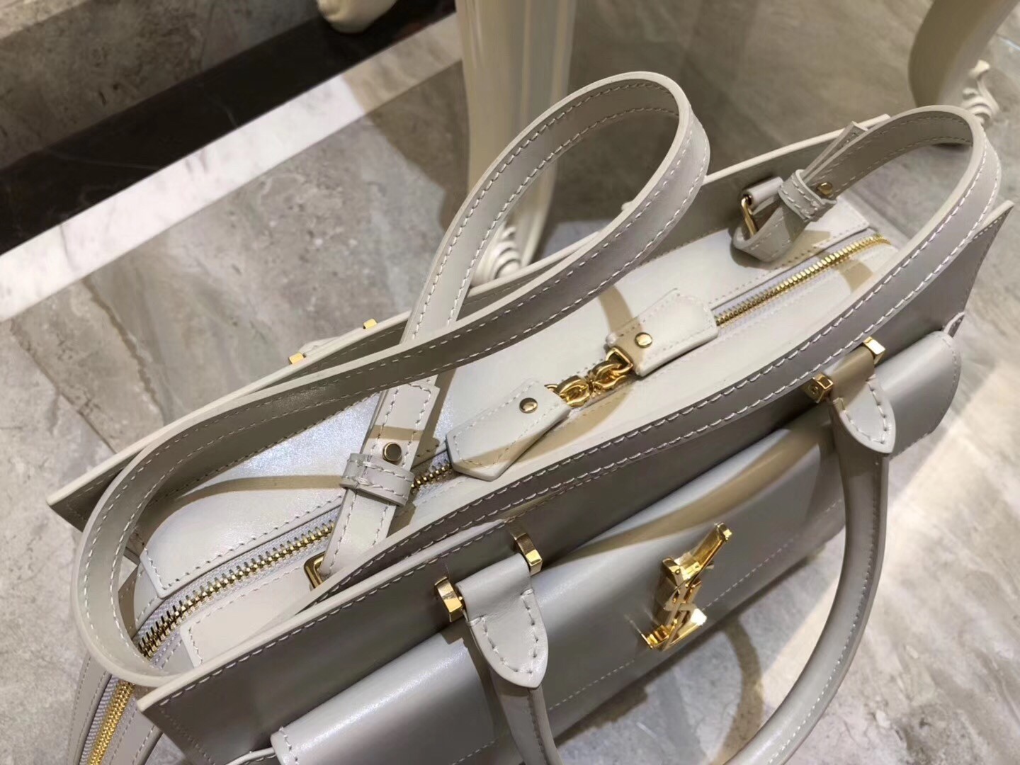 Saint Laurent Medium Uptown Tote In Blanc Smooth Leather