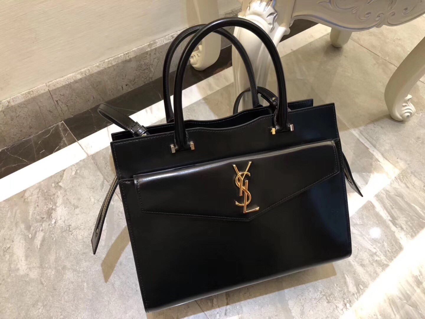 Saint Laurent Medium Uptown Tote In Black Smooth Leather