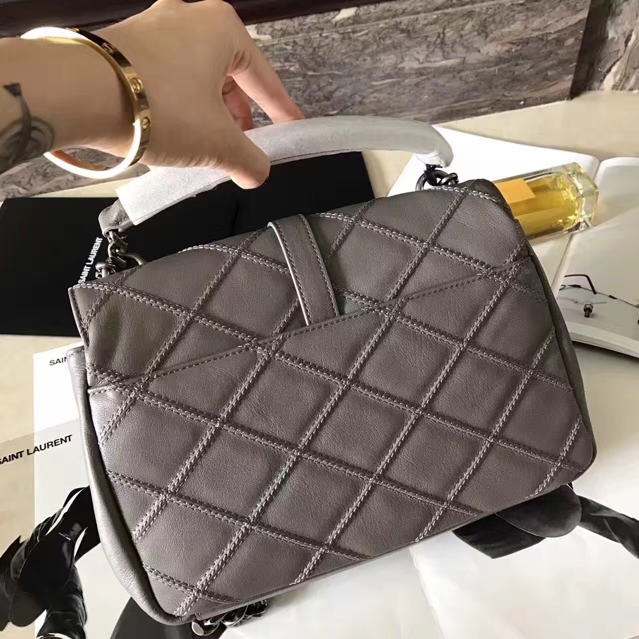 Saint Laurent Medium College Bag In Grey Matelasse Leather