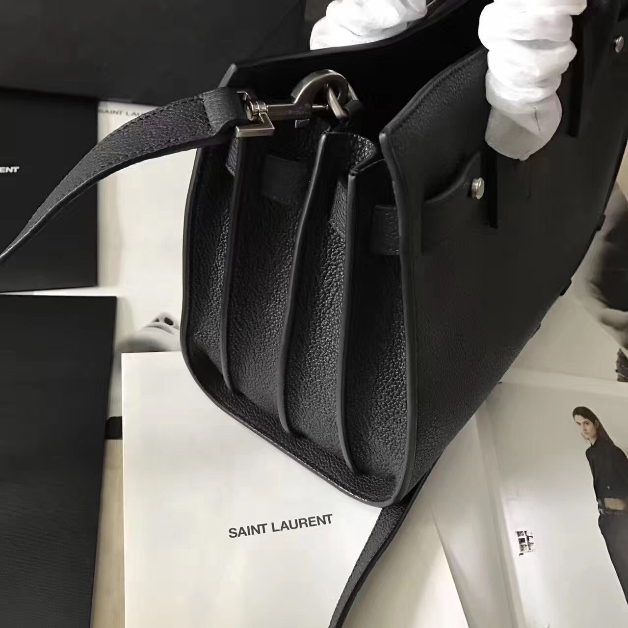 Saint Laurent Baby Sac de Jour Souple Bag In Black Grained Leather