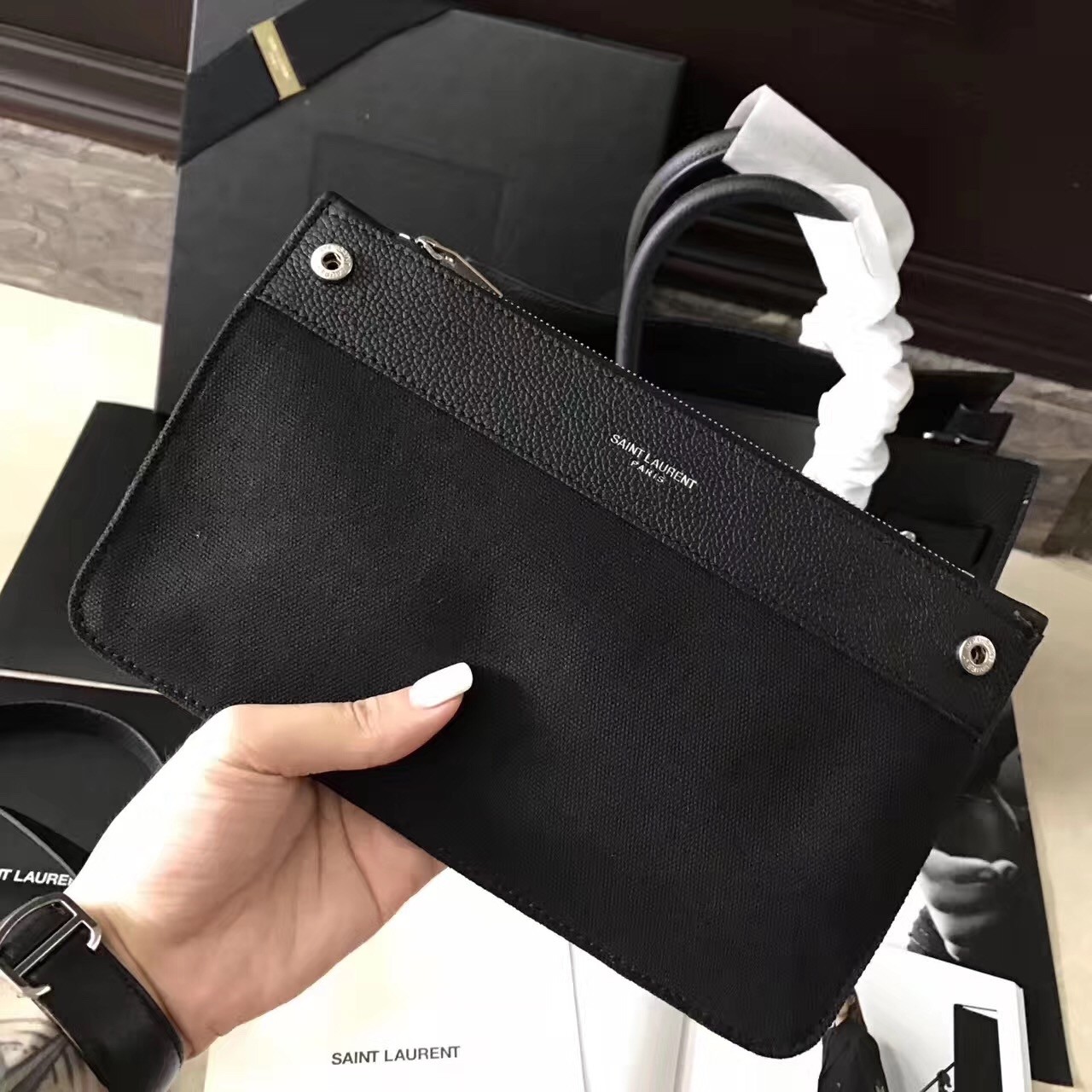 Saint Laurent Baby Sac de Jour Souple Bag In Black Grained Leather