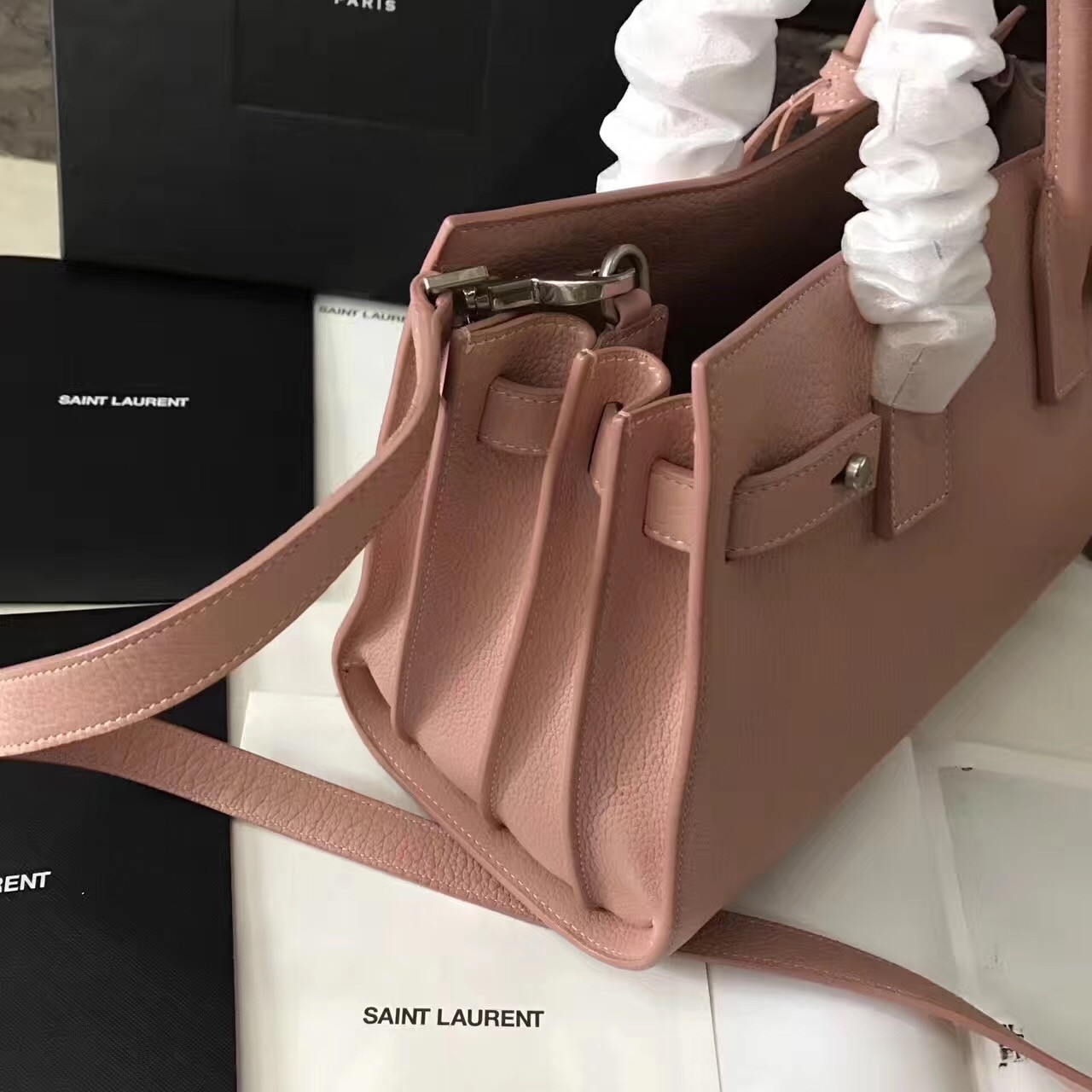 Saint Laurent Baby Sac de Jour Souple Bag In Nude Grained Leather