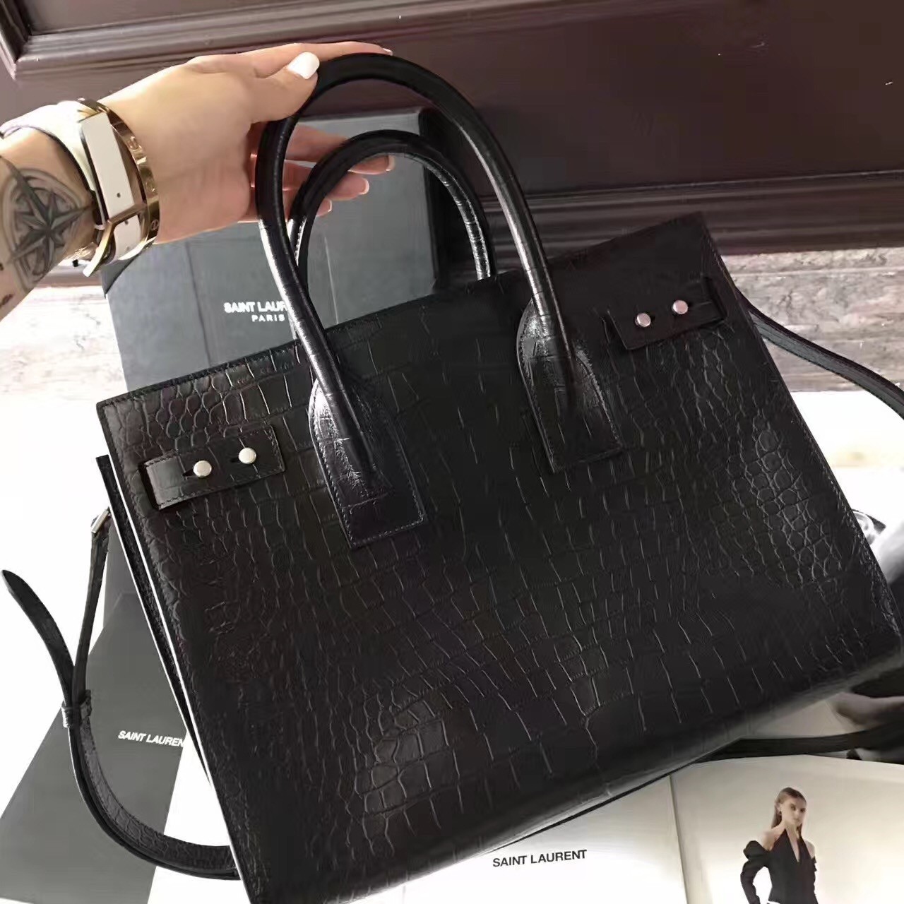 Saint Laurent Small Sac de Jour Souple Bag In Black Crocodile Leather