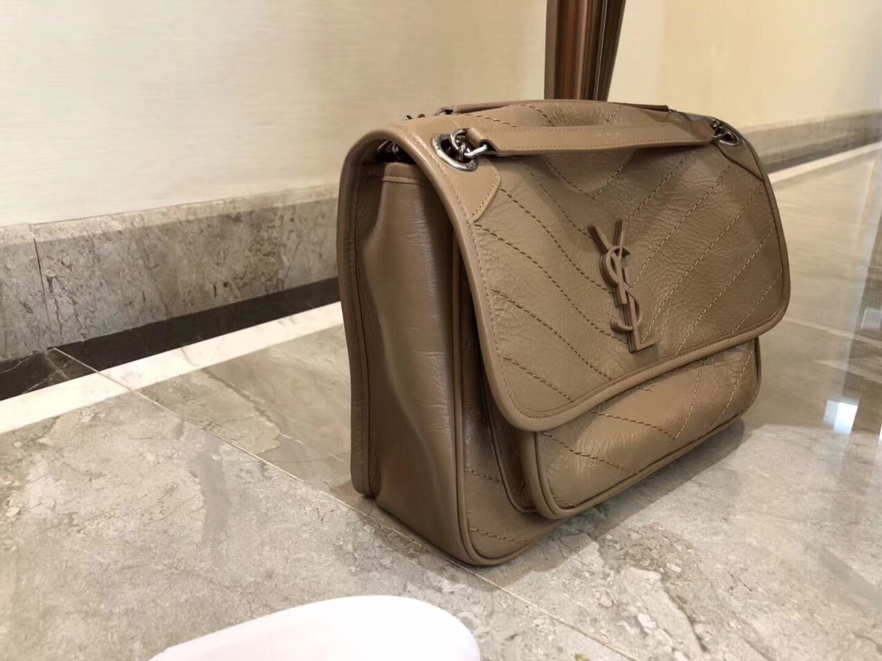 Saint Laurent Medium Niki Bag In Taupe Crinkled Leather