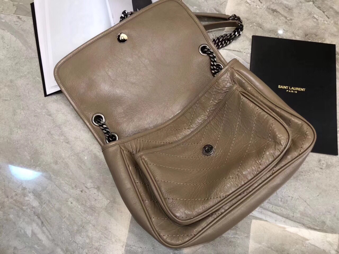 Saint Laurent Medium Niki Bag In Taupe Crinkled Leather