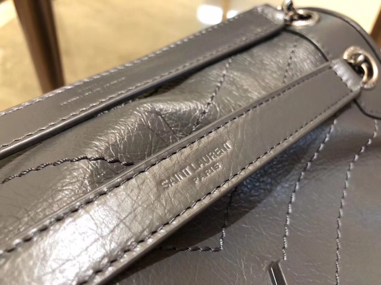 Saint Laurent Medium Niki Bag In Storm Gray Crinkled Leather