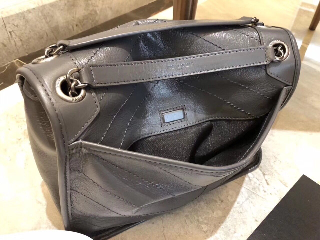 Saint Laurent Medium Niki Bag In Storm Gray Crinkled Leather