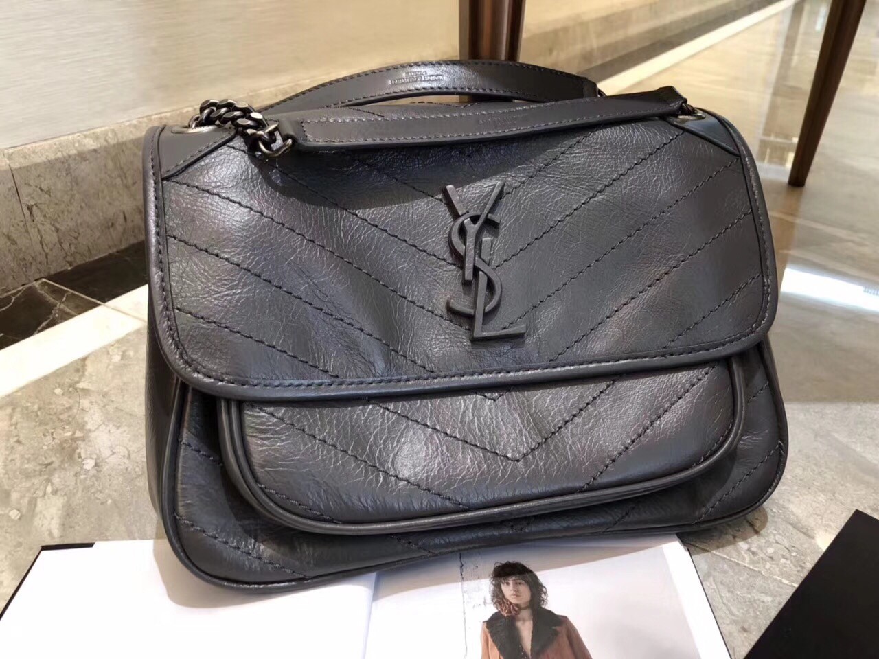 Saint Laurent Medium Niki Bag In Storm Gray Crinkled Leather