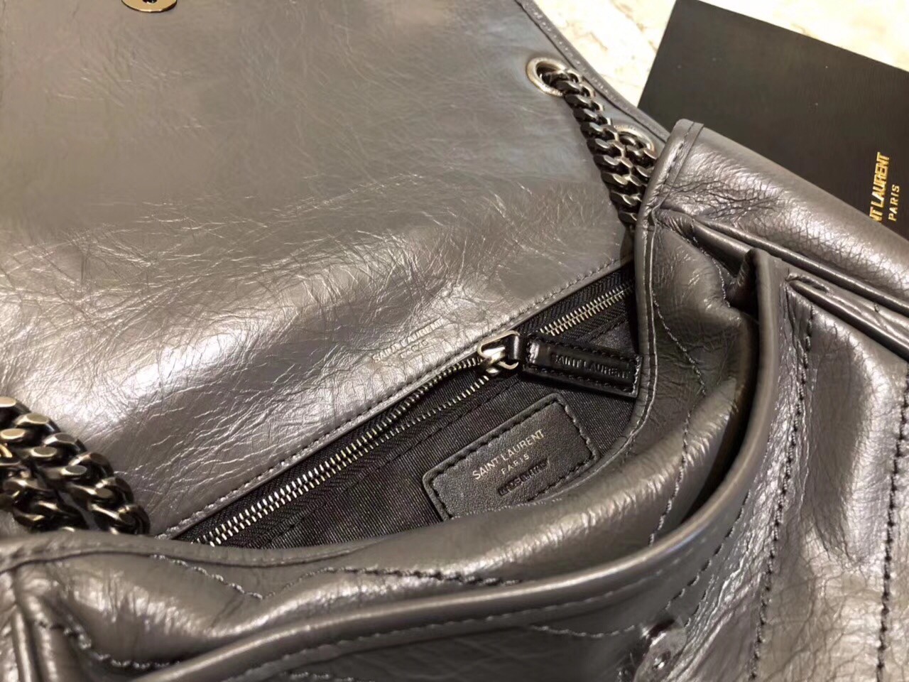 Saint Laurent Medium Niki Bag In Storm Gray Crinkled Leather