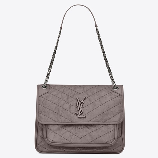 Saint Laurent Large Niki Chain Bag In Grey Crinkled Leather