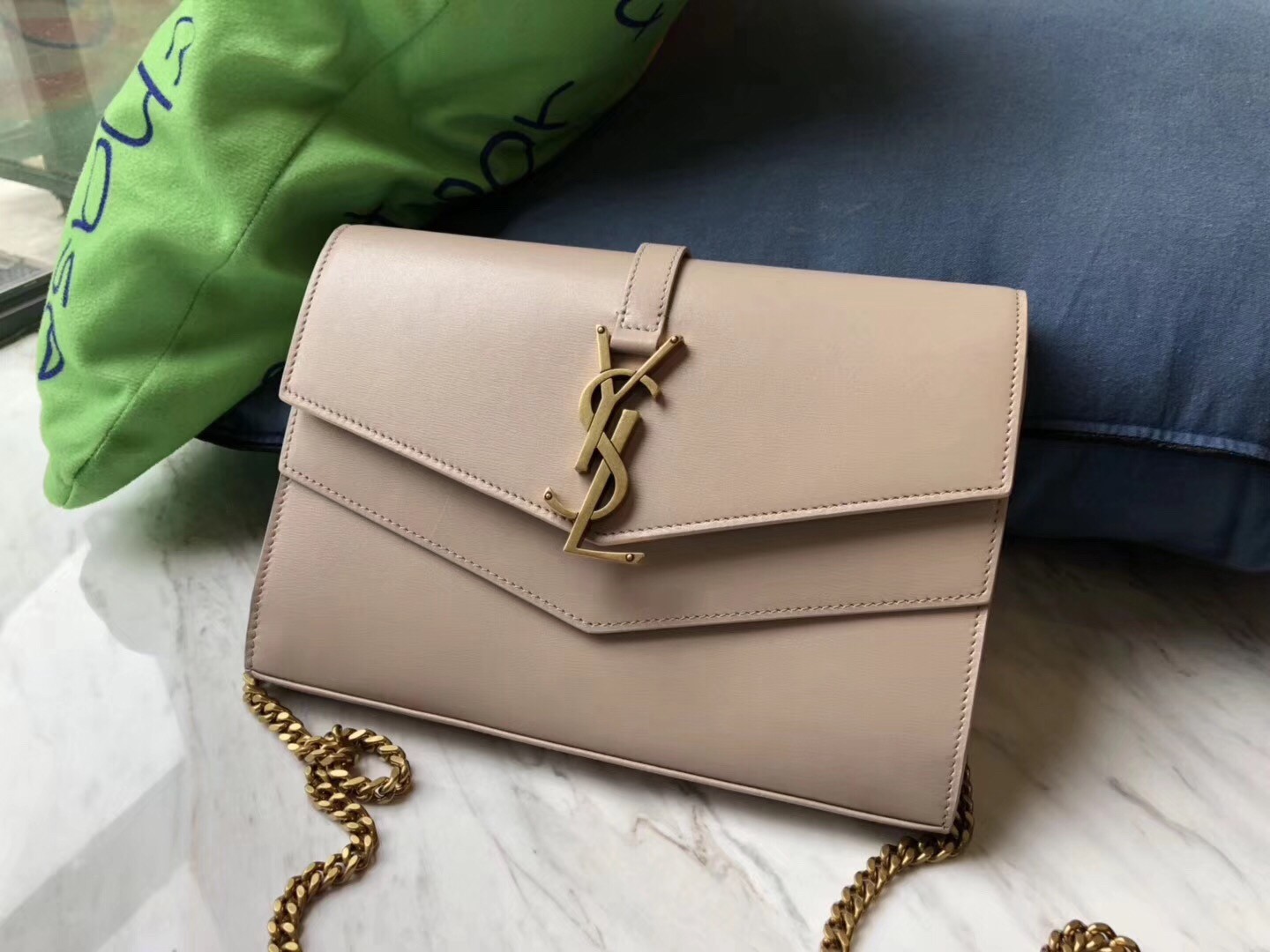 Saint Laurent Sulpice Chain Wallet In Beige Smooth Leather