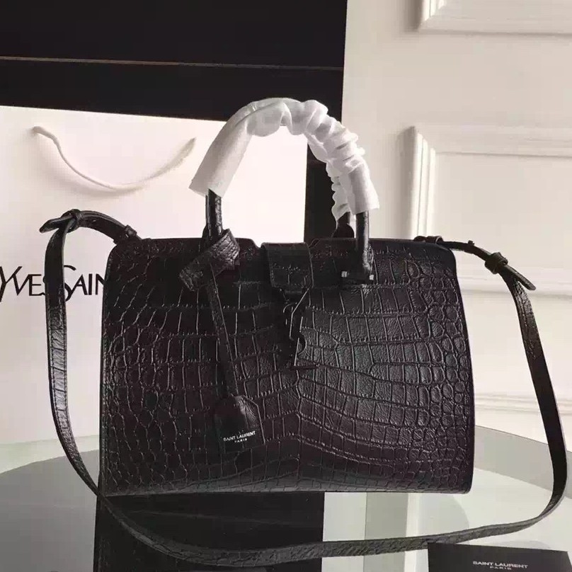 Saint Laurent All Black Small Cabas YSL Crocodile Embossed Bag