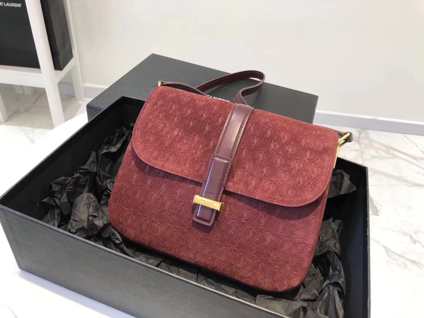 Saint Laurent Monogram All Over Small Satchel In Bordeaux Suede