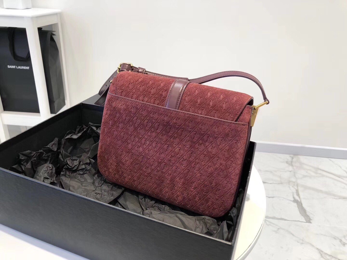 Saint Laurent Monogram All Over Small Satchel In Bordeaux Suede