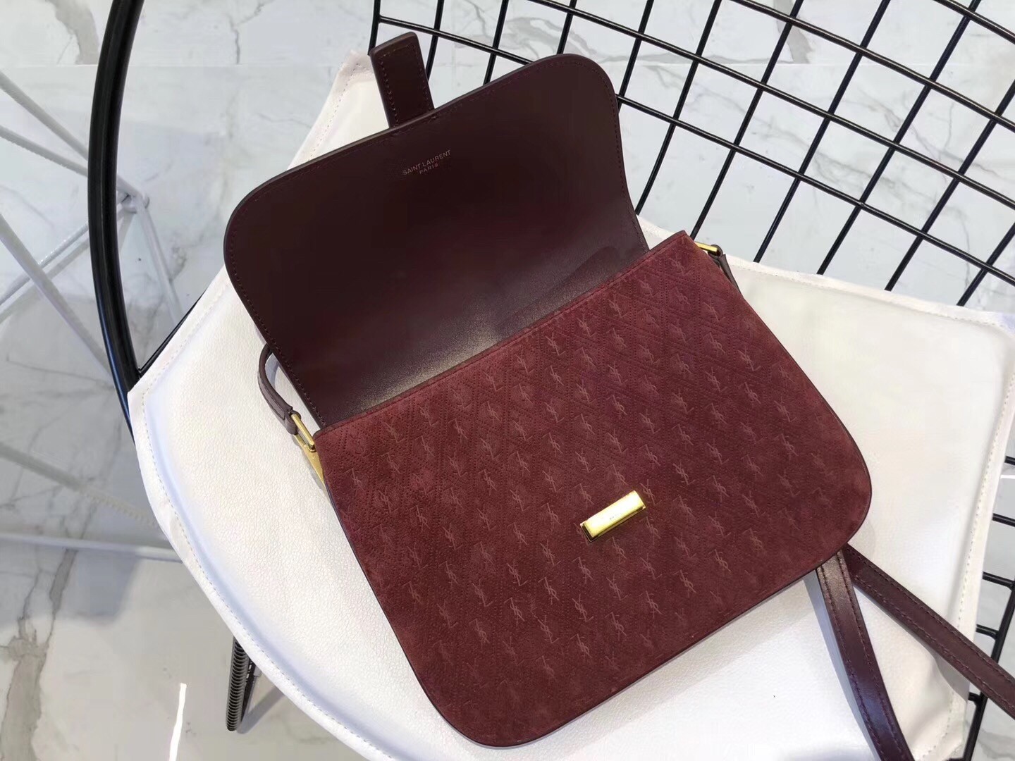 Saint Laurent Monogram All Over Small Satchel In Bordeaux Suede