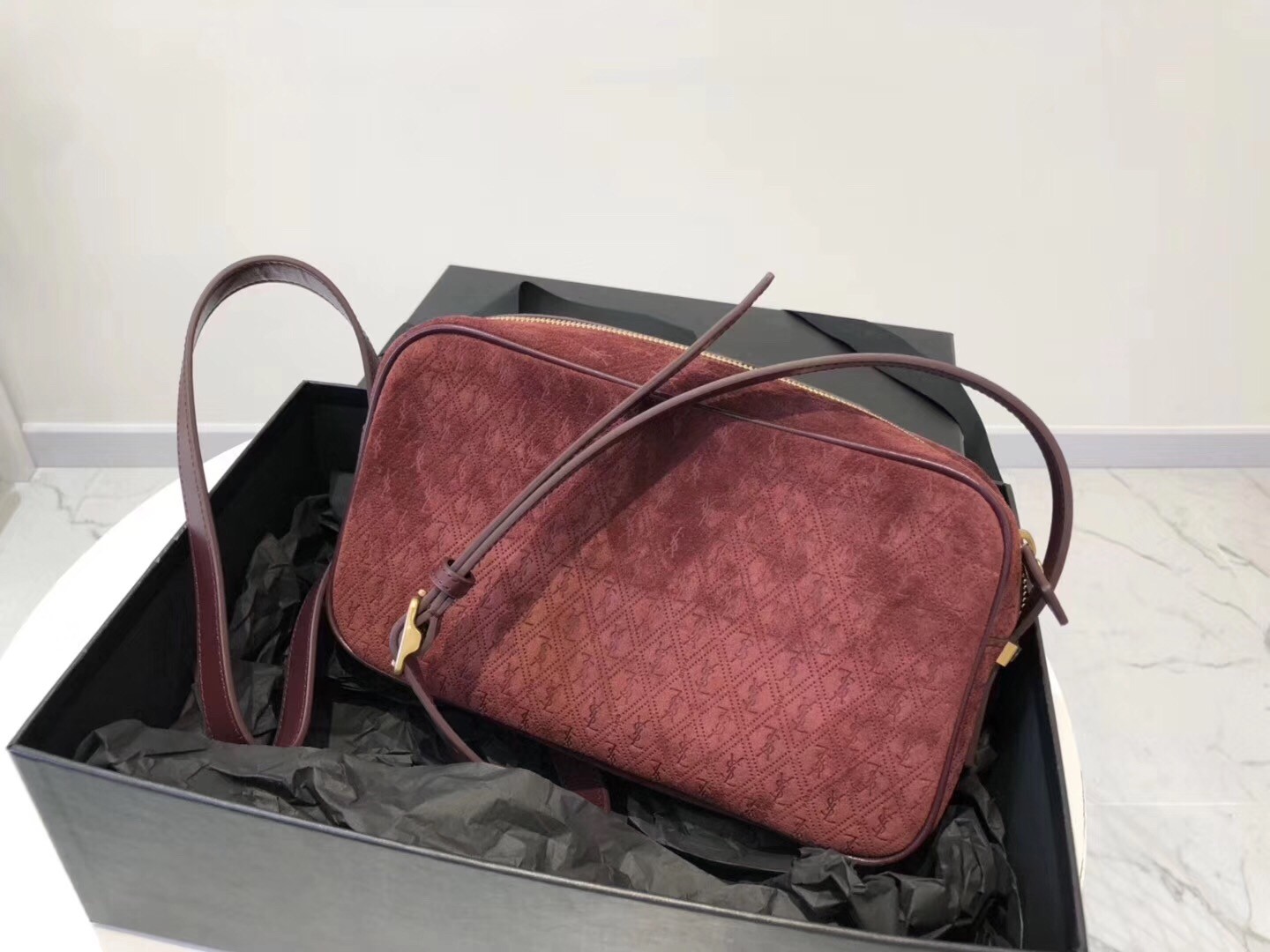 Saint Laurent Monogram All Over Camera Bag In Bordeaux Suede