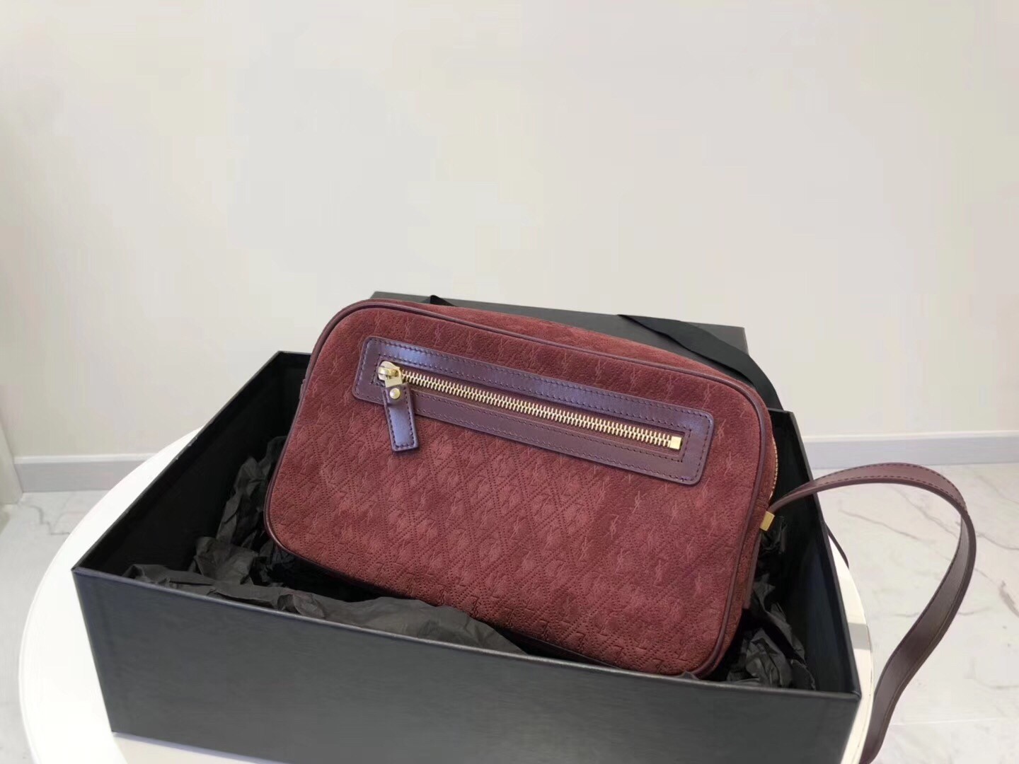 Saint Laurent Monogram All Over Camera Bag In Bordeaux Suede