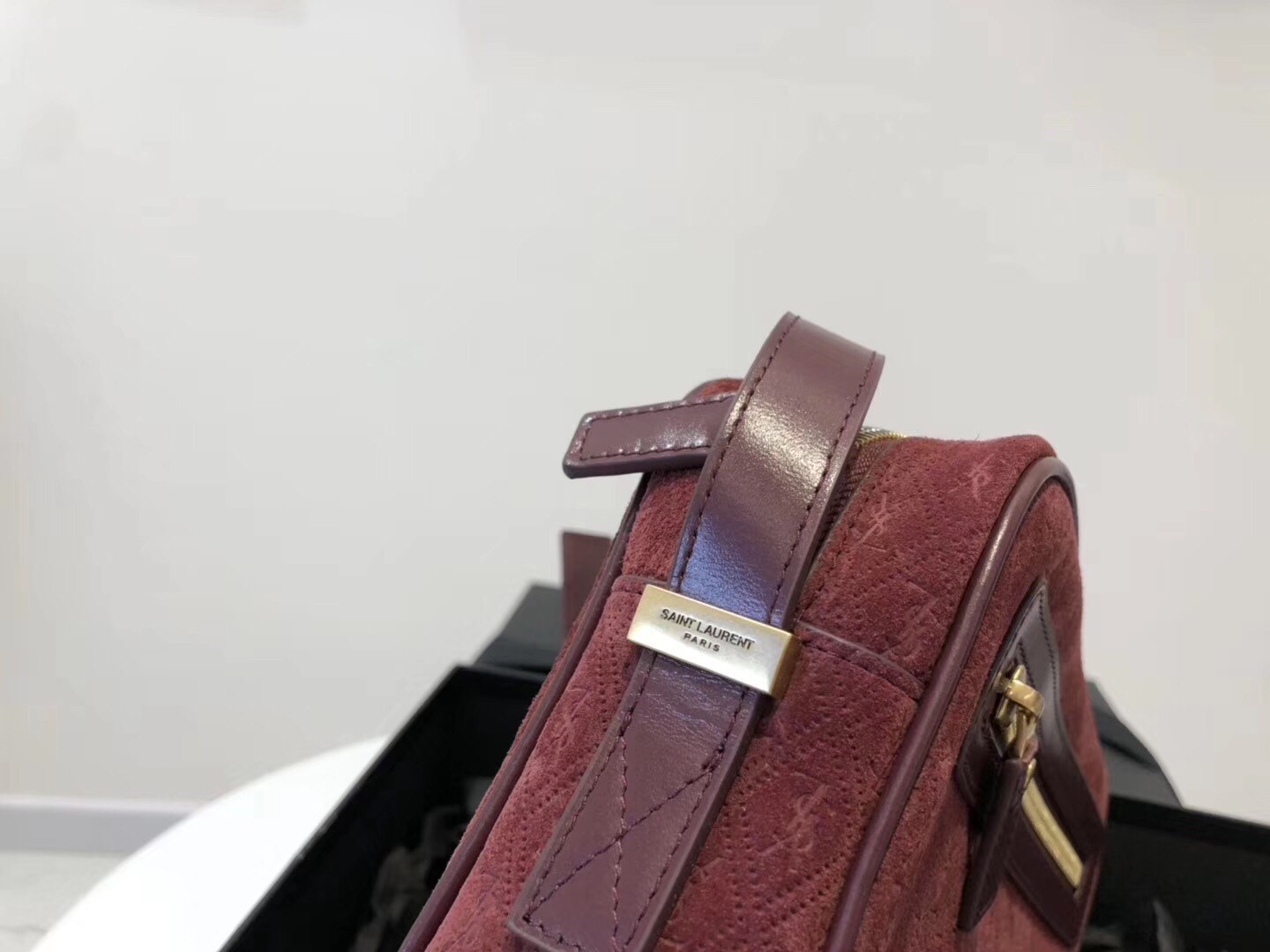 Saint Laurent Monogram All Over Camera Bag In Bordeaux Suede