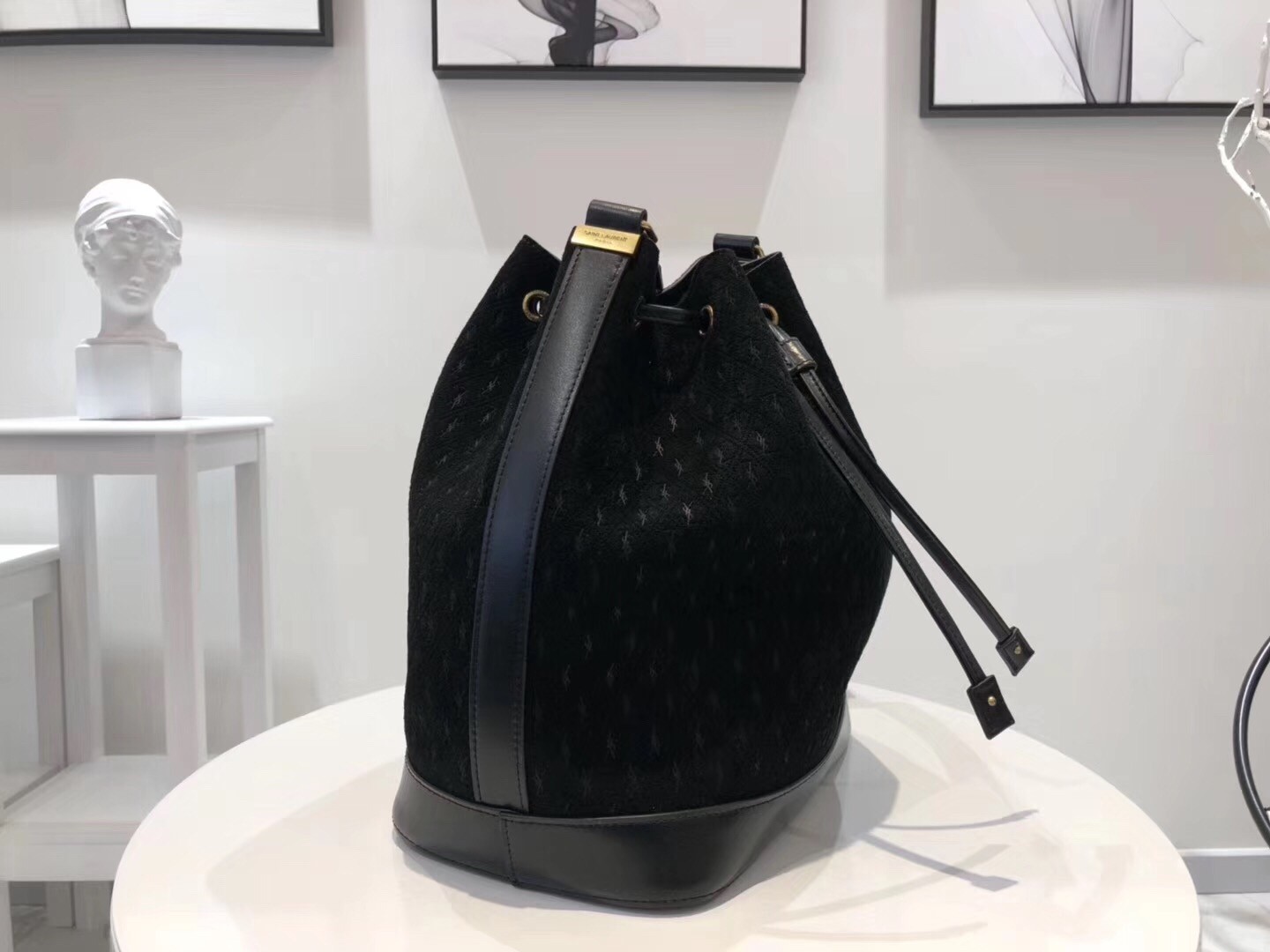 Saint Laurent Monogram All Over Bucket Bag In Black Suede