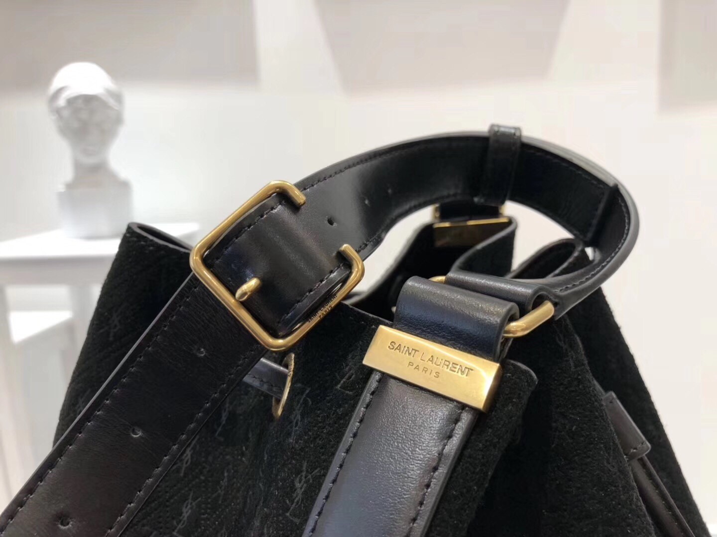 Saint Laurent Monogram All Over Bucket Bag In Black Suede