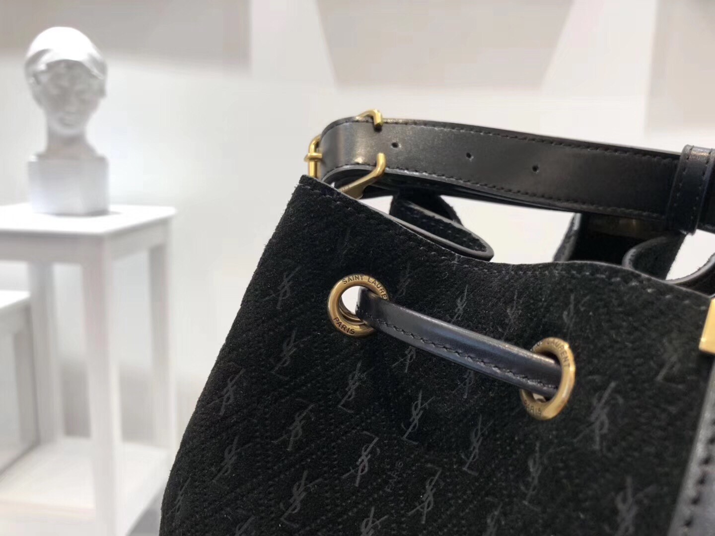 Saint Laurent Monogram All Over Bucket Bag In Black Suede