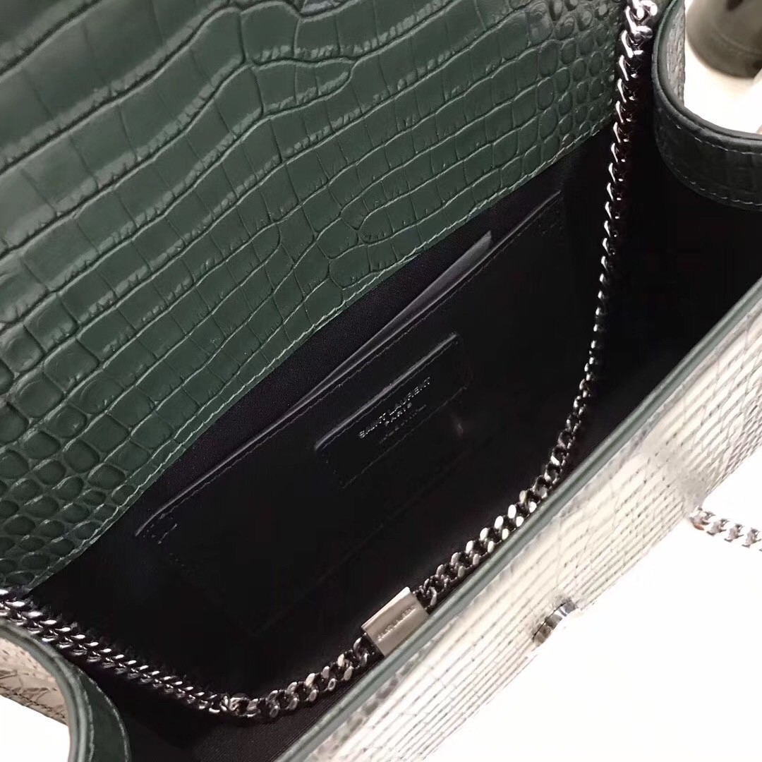 Saint Laurent Medium Kate Bag With Tassel In Dark Green Croc-Embossed Leather