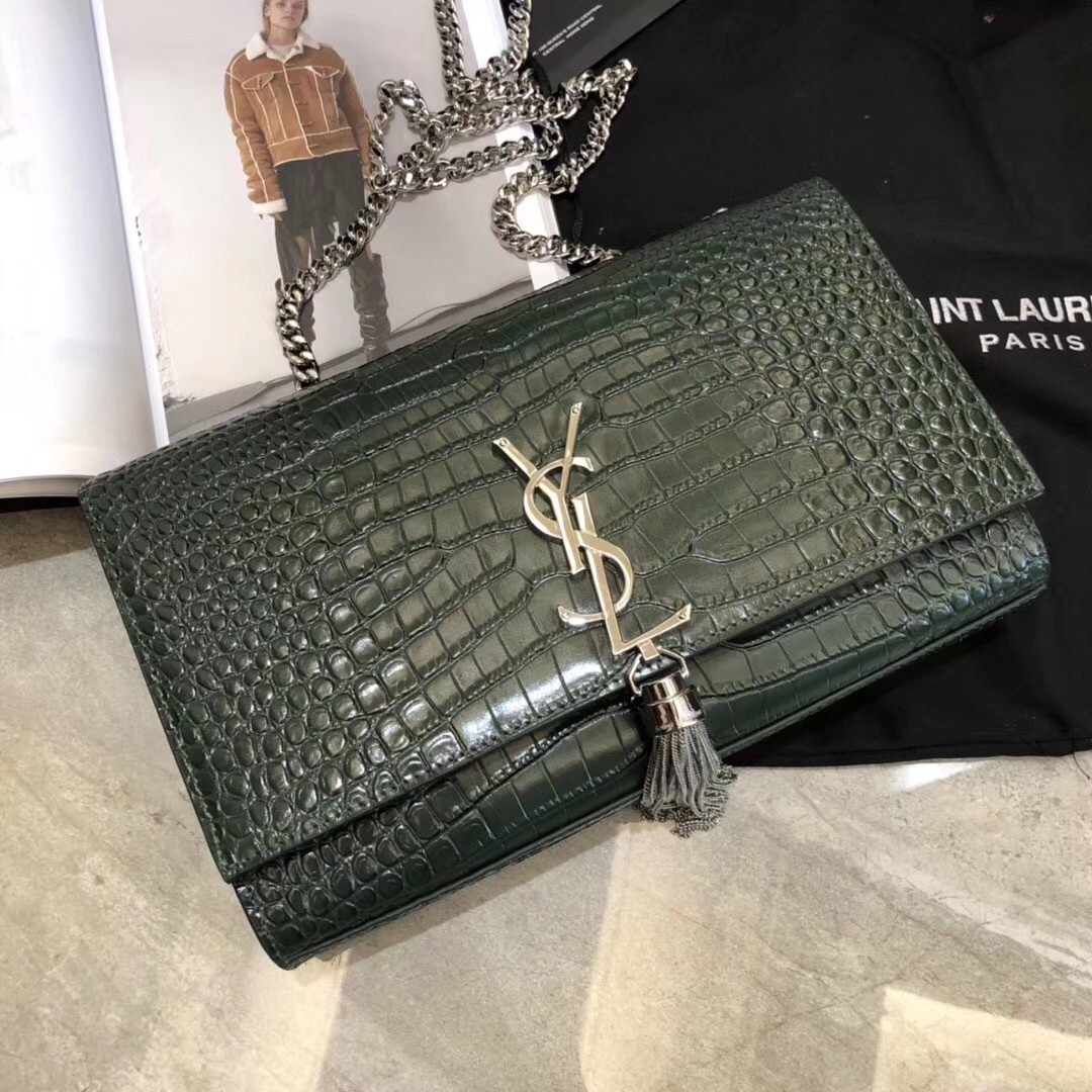 Saint Laurent Medium Kate Bag With Tassel In Dark Green Croc-Embossed Leather