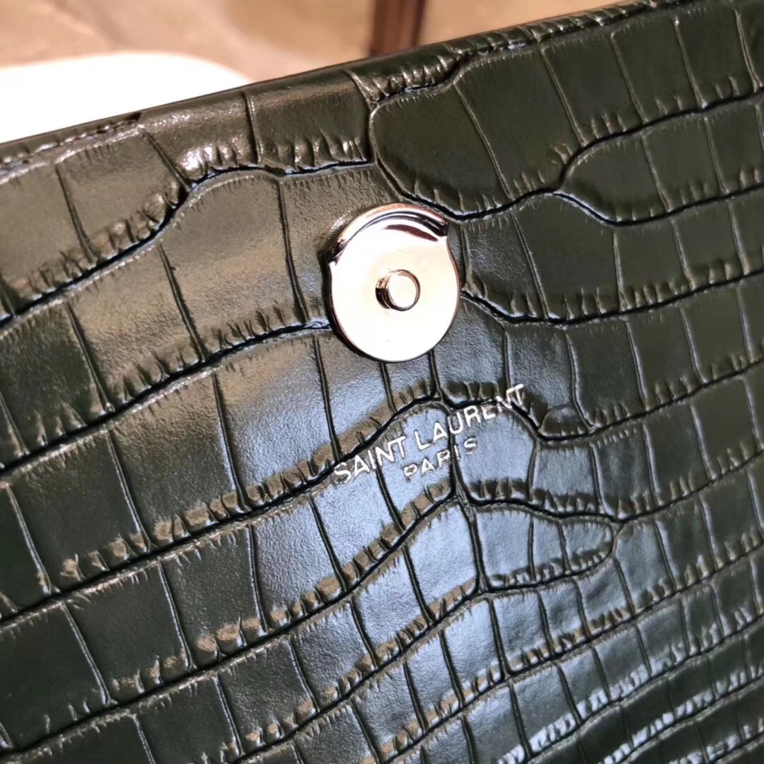 Saint Laurent Medium Kate Bag With Tassel In Dark Green Croc-Embossed Leather