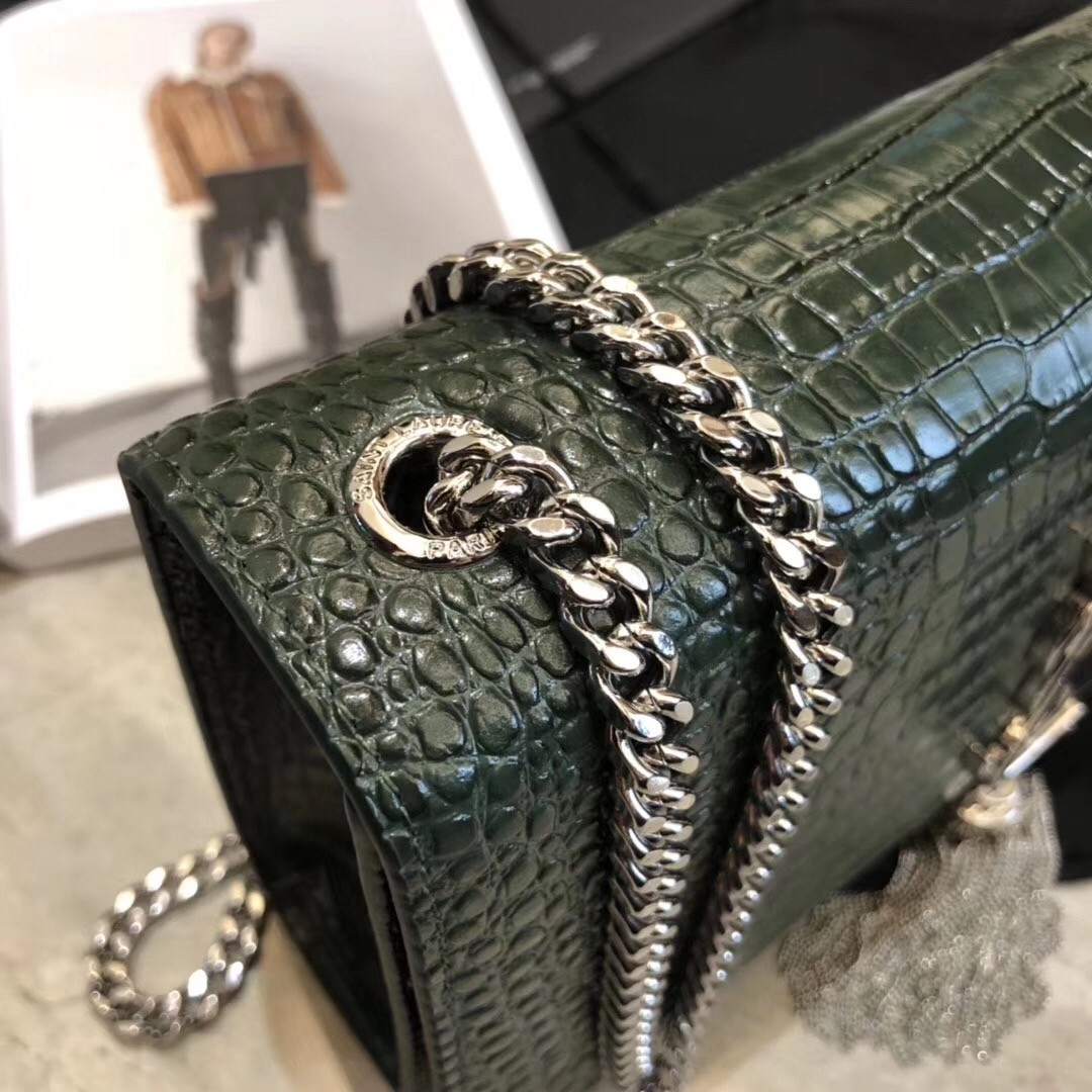 Saint Laurent Medium Kate Bag With Tassel In Dark Green Croc-Embossed Leather