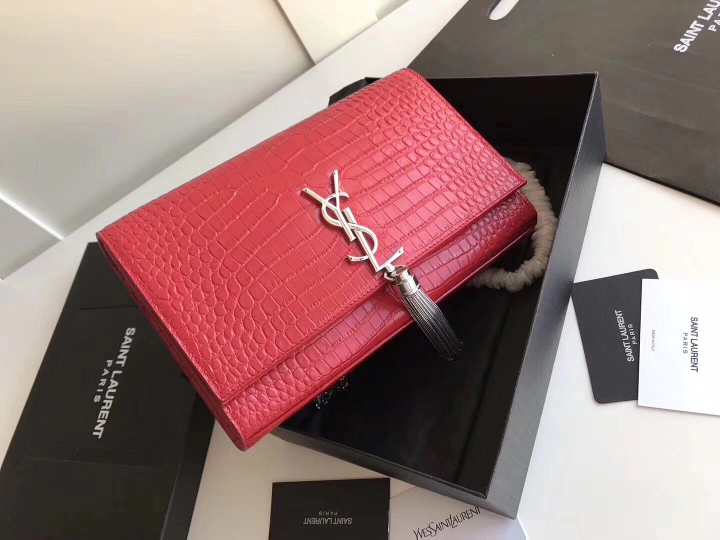 Saint Laurent Medium Kate Bag With Tassel In Red Croc-Embossed Leather