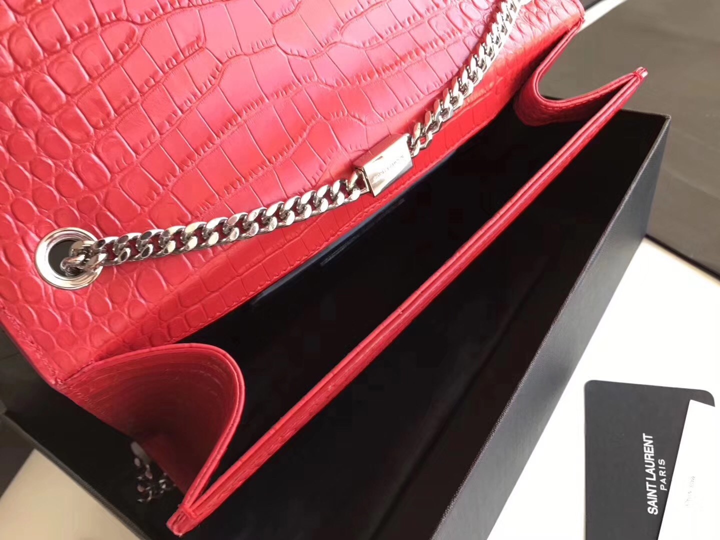 Saint Laurent Medium Kate Bag With Tassel In Red Croc-Embossed Leather