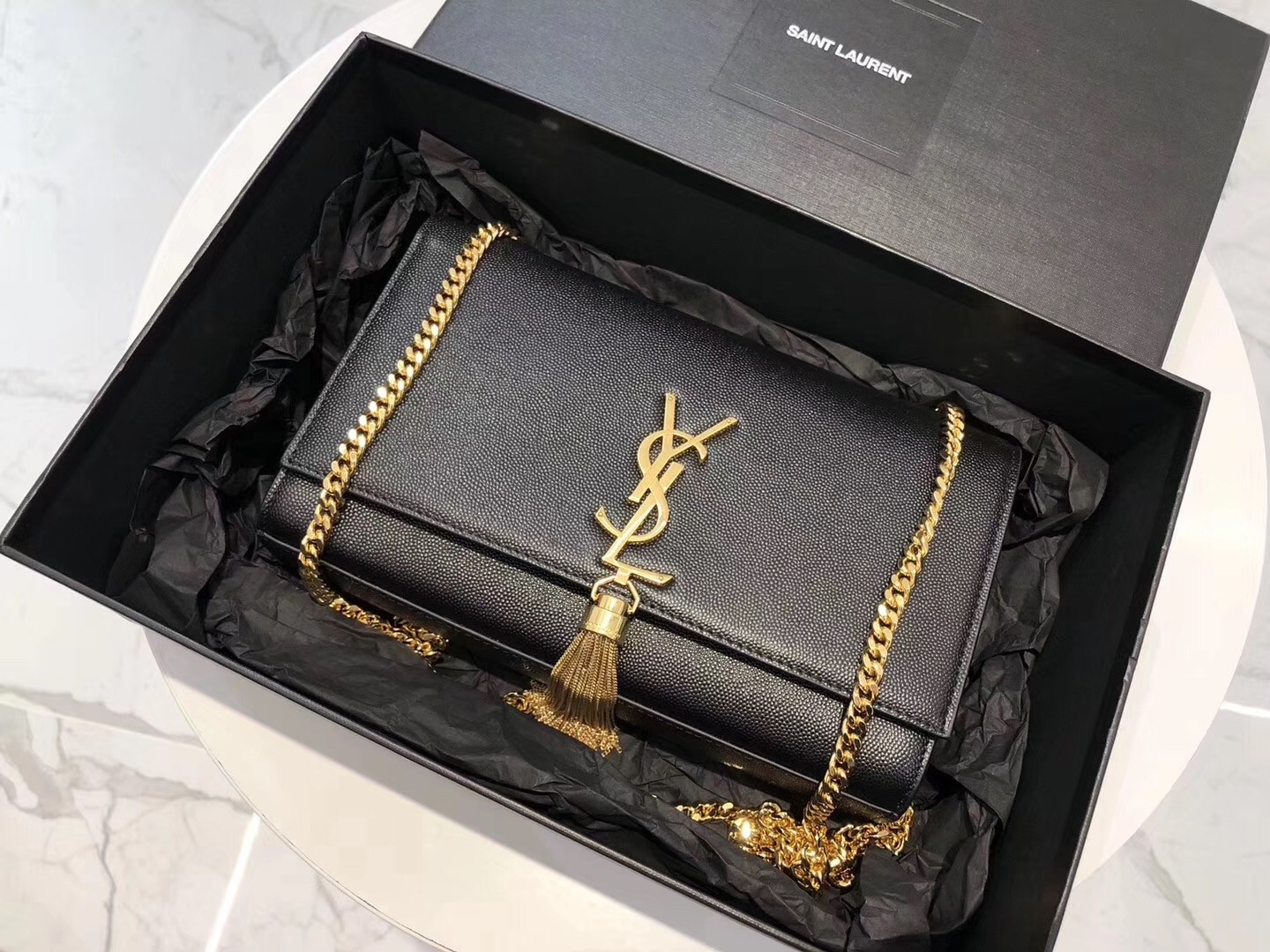 Saint Laurent Medium Kate Bag With Tassel In Black Grained Leather