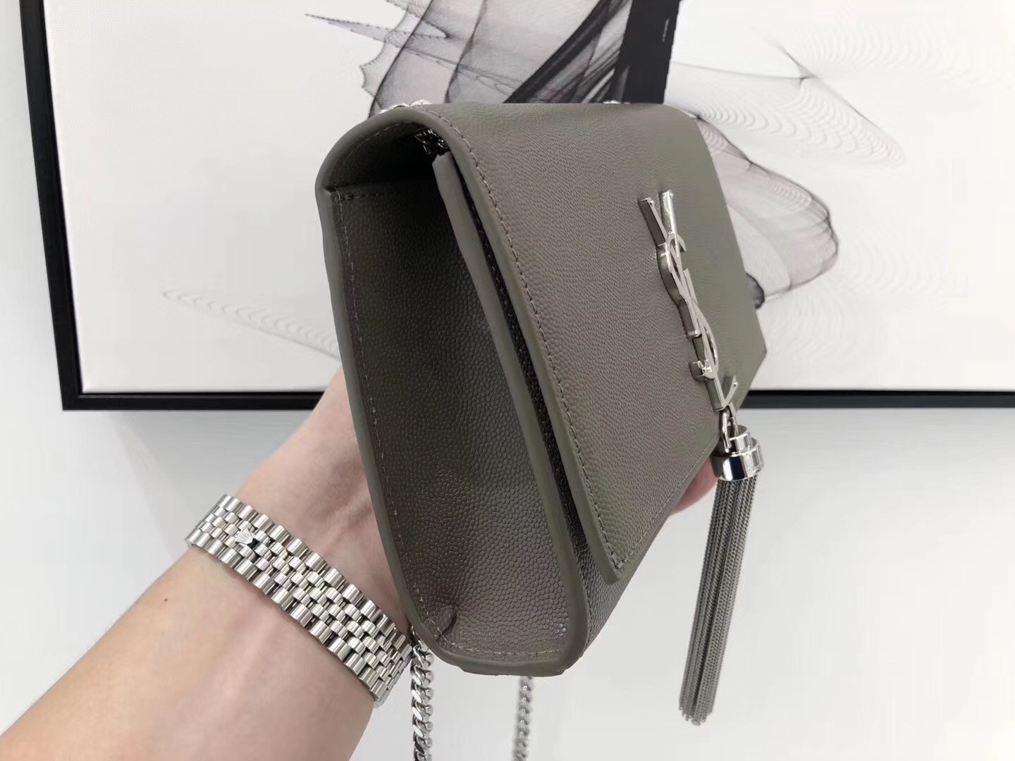 Saint Laurent Small Kate Tassel Bag In Grey Grained Leather