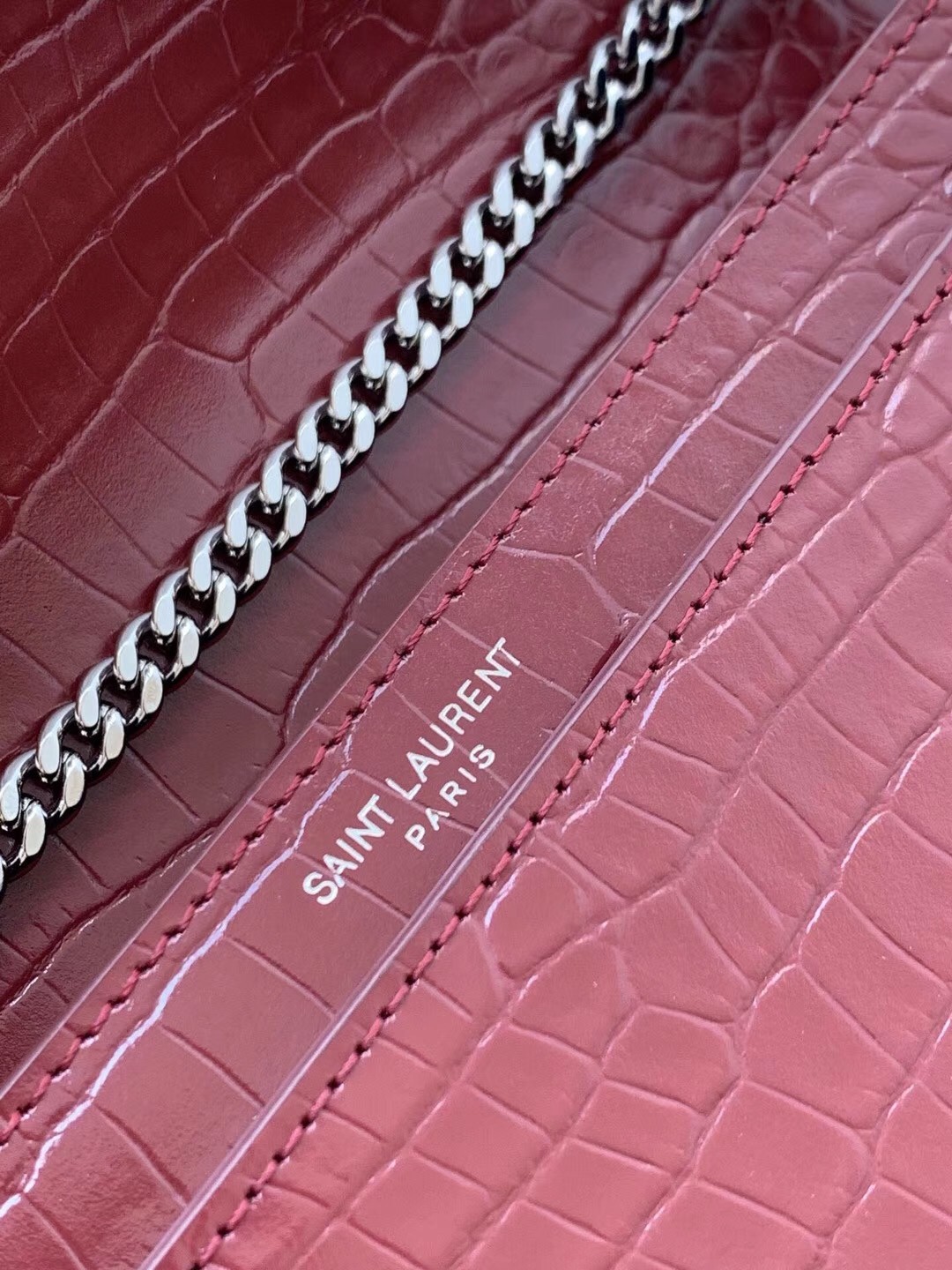 Saint Laurent Cassandra Clasp Bag In Bordeaux Croc-Embossed Leather