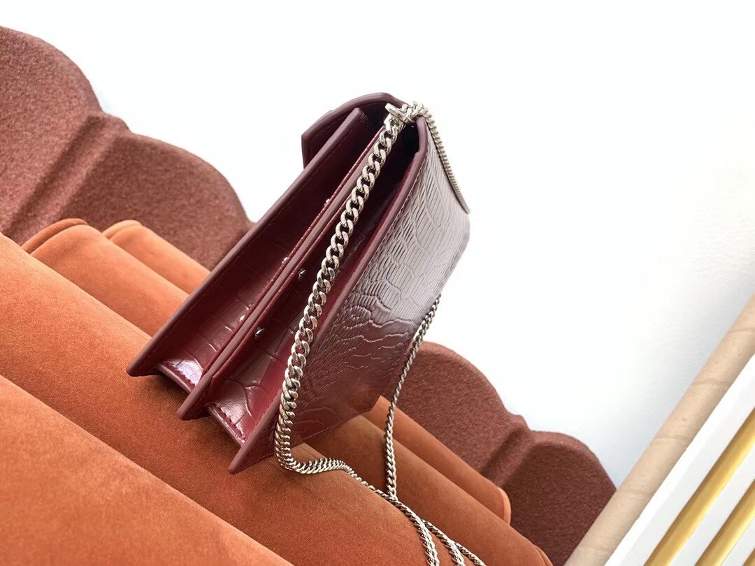 Saint Laurent Cassandra Clasp Bag In Bordeaux Croc-Embossed Leather