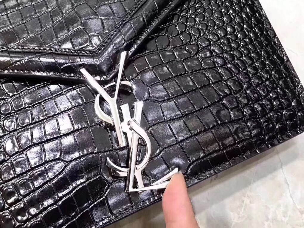 Saint Laurent Cassandra Clasp Bag In Black Croc-Embossed Leather