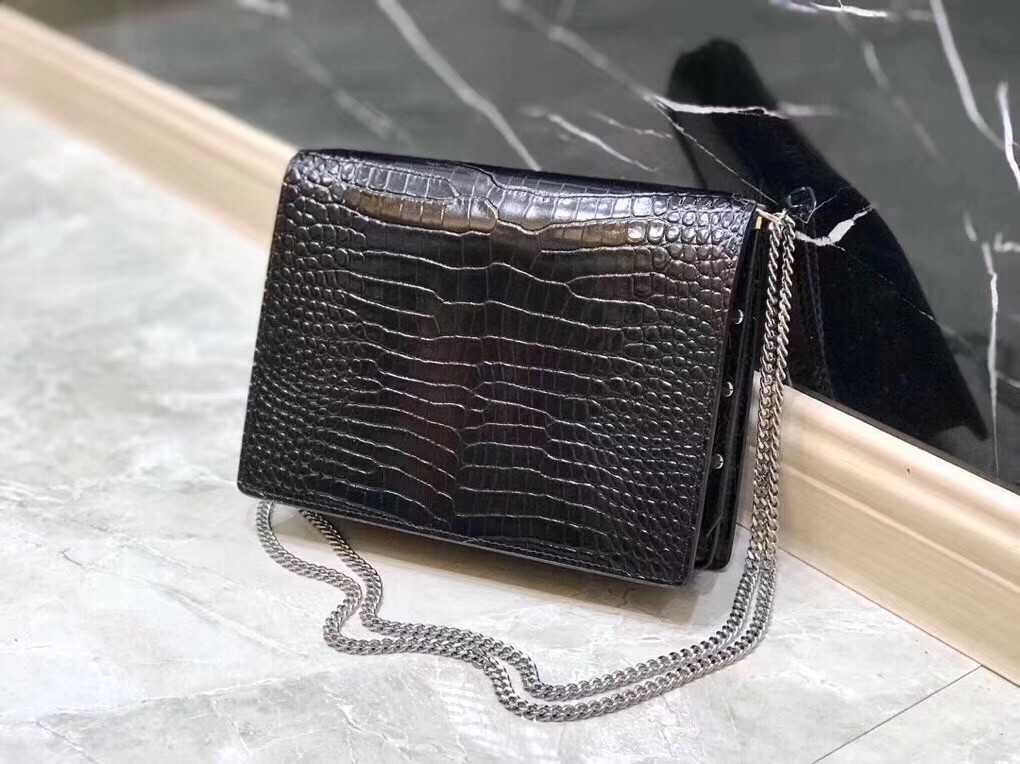 Saint Laurent Cassandra Clasp Bag In Black Croc-Embossed Leather