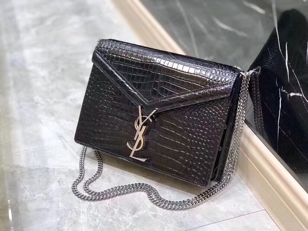 Saint Laurent Cassandra Clasp Bag In Black Croc-Embossed Leather