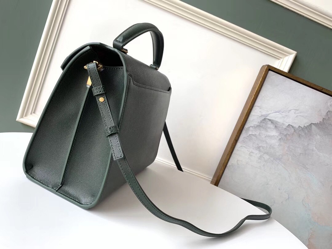 Saint Laurent Cassandra Medium Bag In Dark Green Grained Leather