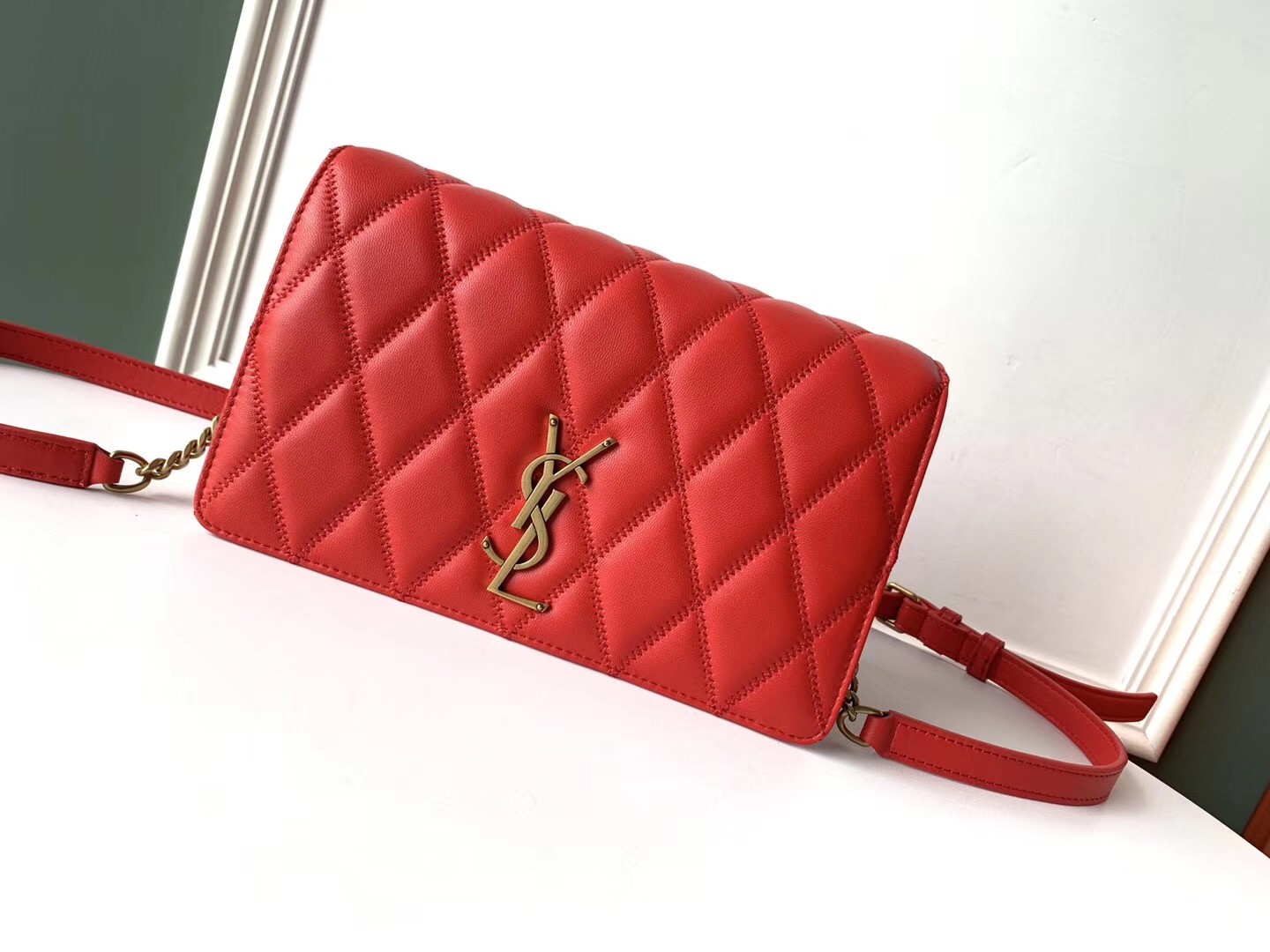 Saint Laurent Angie Chain Bag In Red Diamond Lambskin