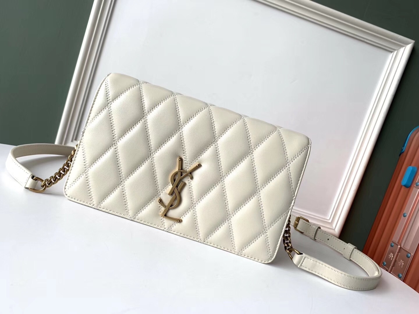 Saint Laurent Angie Chain Bag In White Diamond Lambskin