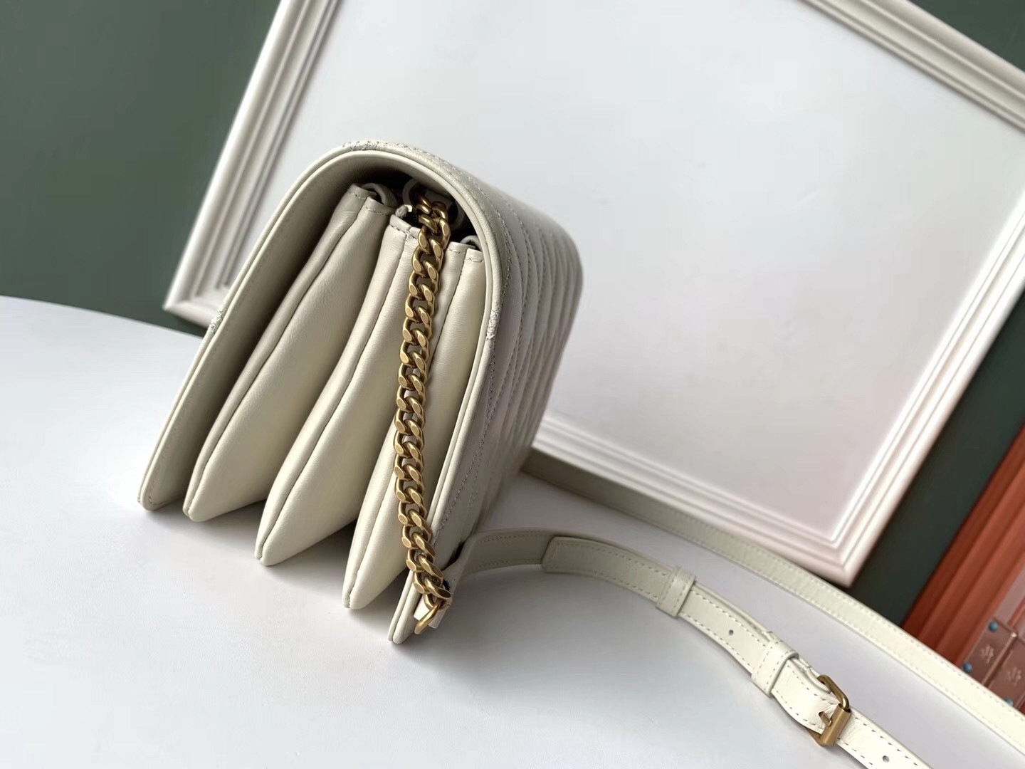 Saint Laurent Angie Chain Bag In White Diamond Lambskin