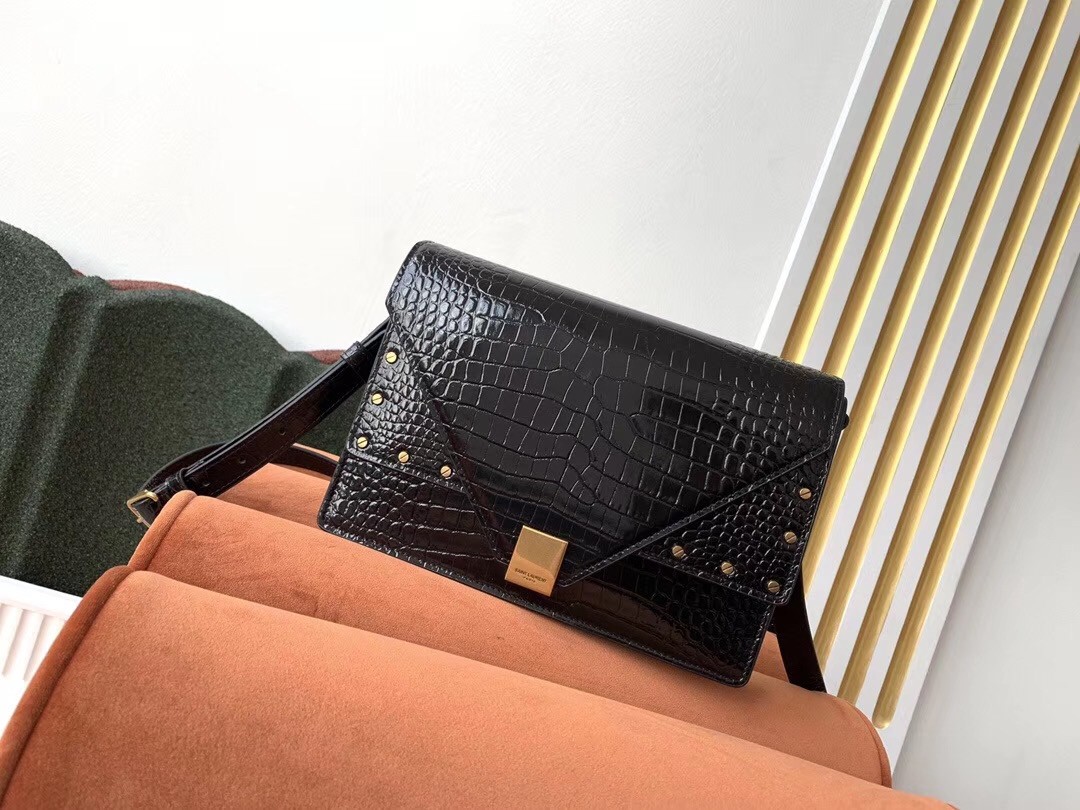 Saint Laurent Margaux Satchel In Black Crocodile Embossed Leather