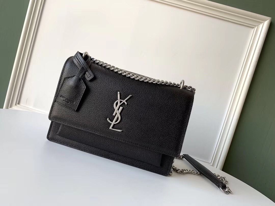 Saint Laurent Sunset Medium Bag In Black Grained Leather