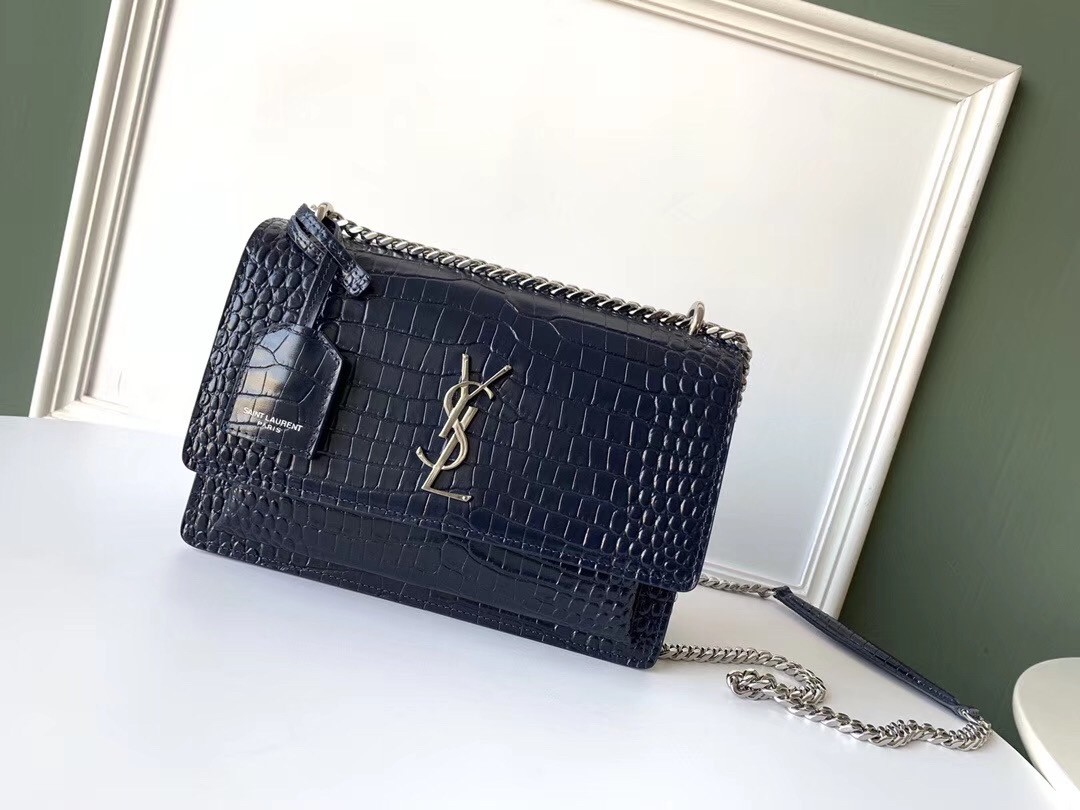 Saint Laurent Sunset Medium Bag In Blue Crocodile Embossed Leather